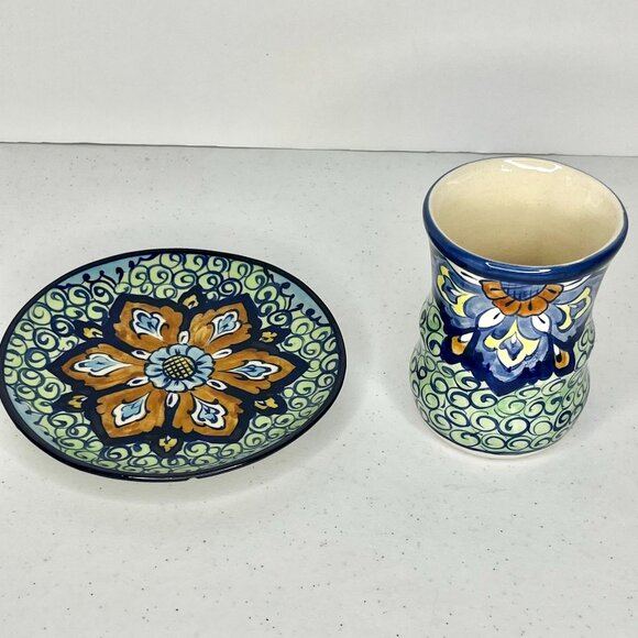 Decorative Handmade Floral Ceramic Glaze Pottery Tumbler Cup Mug & Plate 6.25"